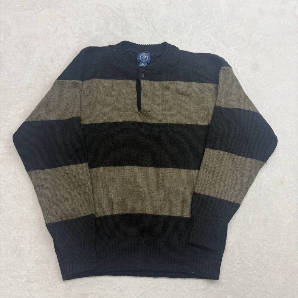 Gap 100% Wool Men's Sweater Black Green Striped Size L Vintage Henley Pullover